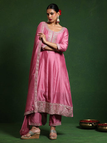 Varanga Women Zari Embroidered Anarkali Kurta With Trouser & Dupatta